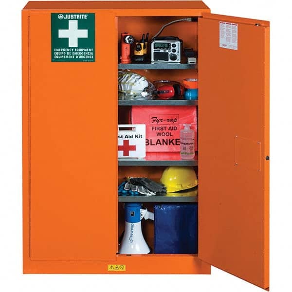 Empty First Aid Cabinets & Cases; Product Type: Emergency Preparedness Storage Cabinet ; Number of Shelves: 4 ; Door Type: Manual-Closing ; Shelf Type: Adjustable ; Color: Orange ; Material: 18 Gauge Steel; Steel