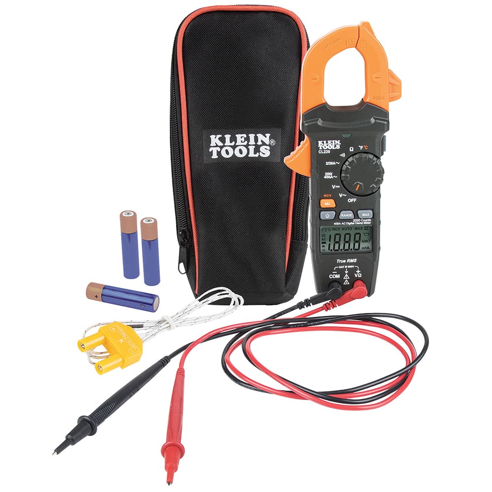 Klein Tools CL220 Auto Ranging Clamp Meter: CAT III & CAT IV, 1.61" Jaw, Clamp On Jaw 