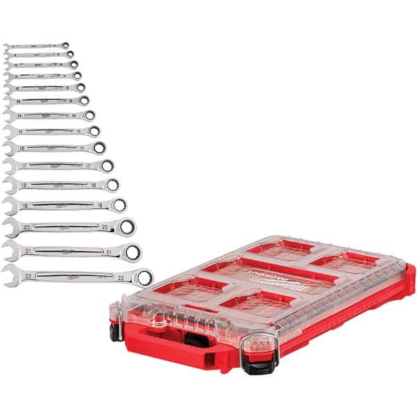 Ratcheting Combination Wrench Set: 15 Pc, Metric