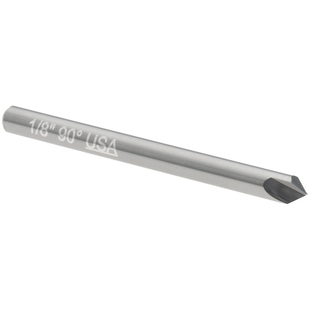 Titan USA Chamfer Mill: 1/8" Dia, 90 deg, 2 Flute, 1/8" Shank Dia, Solid Carbide, Single End - 1-1/2" OAL, Bright/Uncoated | Part #TC85124