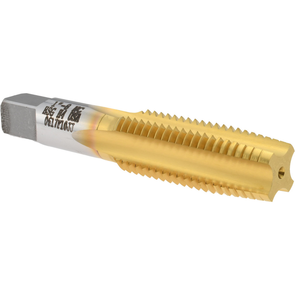 Titan USA Straight Flute Tap: 1-8 UNC, 4 Flute, Taper Chamfer, 2B & 3B Class of Fit, High-Speed Steel, Titanium Nitride Finish - 2-1/2" Thread