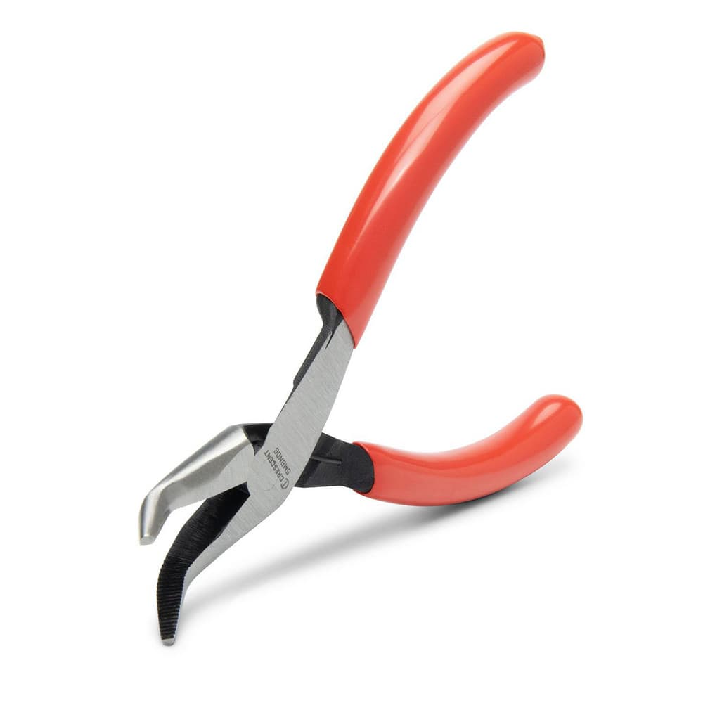Bent Nose Pliers; Jaw Texture: Serrated ; Jaw Length: 1.22in ; Jaw Width: 0.09in ; Jaw Bend: 1 ; Handle Type: Dipped ; Side Cutter: No