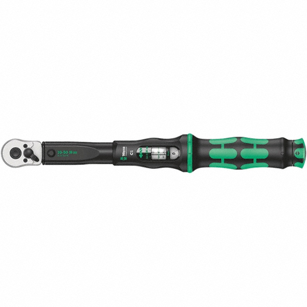 Torque Wrench: 1/2" Drive, Square Drive, Foot Pound & Newton Meter - 10.000 Nm Min, 50.000 Nm Max, 0.250 Nm Graduation, 14-11/64" OAL, Ratcheting