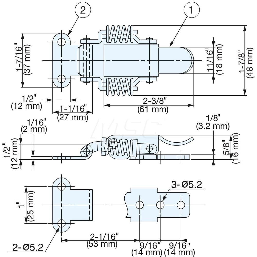 Sugatsune Spring Loaded Compression Draw Door Latch 48 mm OAW, 16 mm OAH, Steel, Yellow Zinc