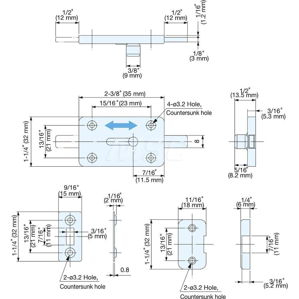 Slide Bolts; Type: Centered Strike Slide Bolt ; Length (mm): 35.00 ; Width (mm): 32.00 ; Finish/Coating: Satin ; Additional Information: Weight: 32 g; Overall Length: 47 mm; Counter Plate Size: 32 x 18 x 6 mm; 32 x 15 x 2 mm; Screw: 2.7 x 16