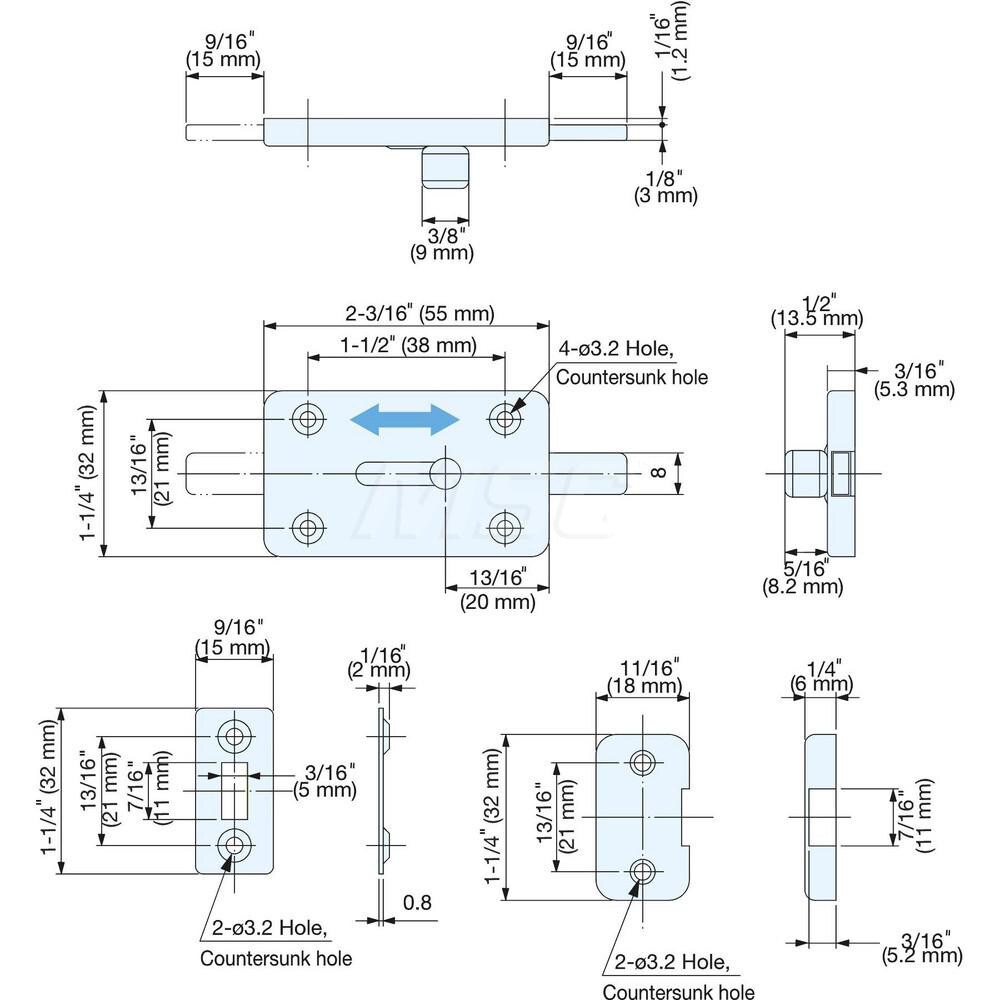 Slide Bolts; Type: Centered Strike Slide Bolt ; Length (mm): 55.00 ; Width (mm): 32.00 ; Finish/Coating: Satin ; Additional Information: Weight: 47 g; Overall Length: 70 mm; Counter Plate Size: 32 x 18 x 6 mm; 32 x 15 x 2 mm; Screw: 2.7 x 16