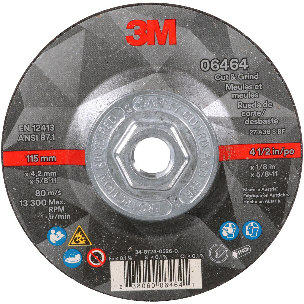3M Depressed-Center Wheel: Type 27, 4-1/2" Dia, 1/8" Thick, 5/8-11 Hole, Ceramic - 36 Grit, Resinoid Bond | 20-Pack | Part #7100245014