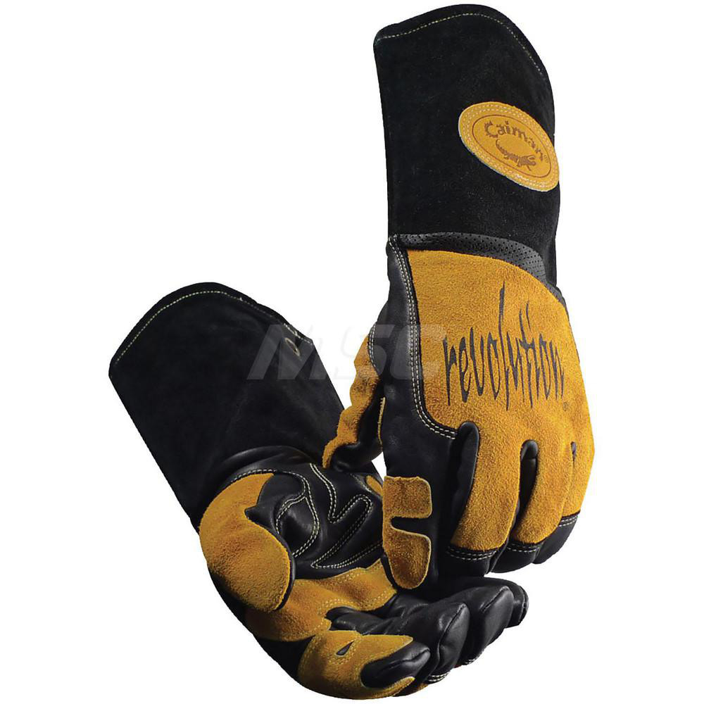 Welding Gloves: Caiman 1832, Size Large, Uncoated-Coated, Grain Cowhide Leather & Split Cowhide Leather, Pair - Black & Gold, Uncoated Coverage, Smooth Grip