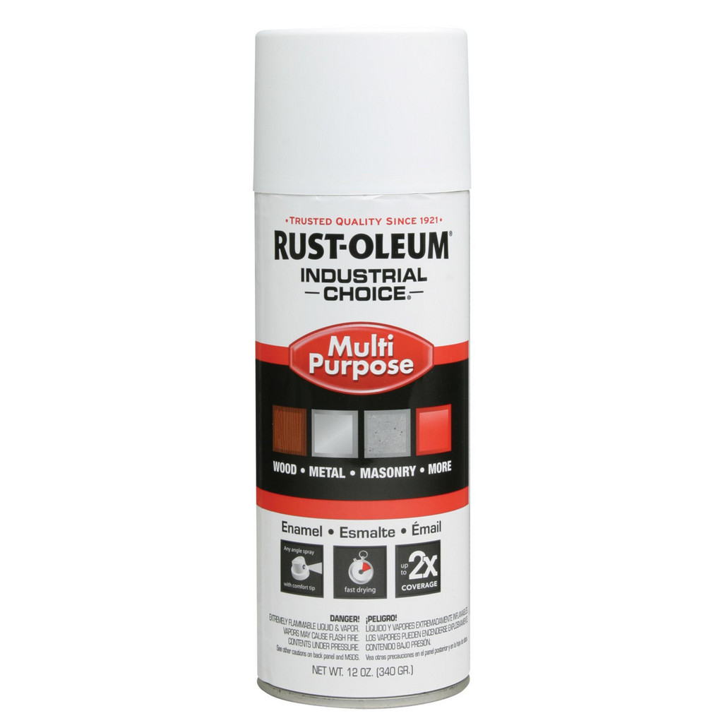 Rust-Oleum Industrial Choice 1600 Multi-Purpose Enamel Spray Paint, White, Semi-Gloss, 12 oz - Indoor & Outdoor, Use on Metal, Wood, Concrete &