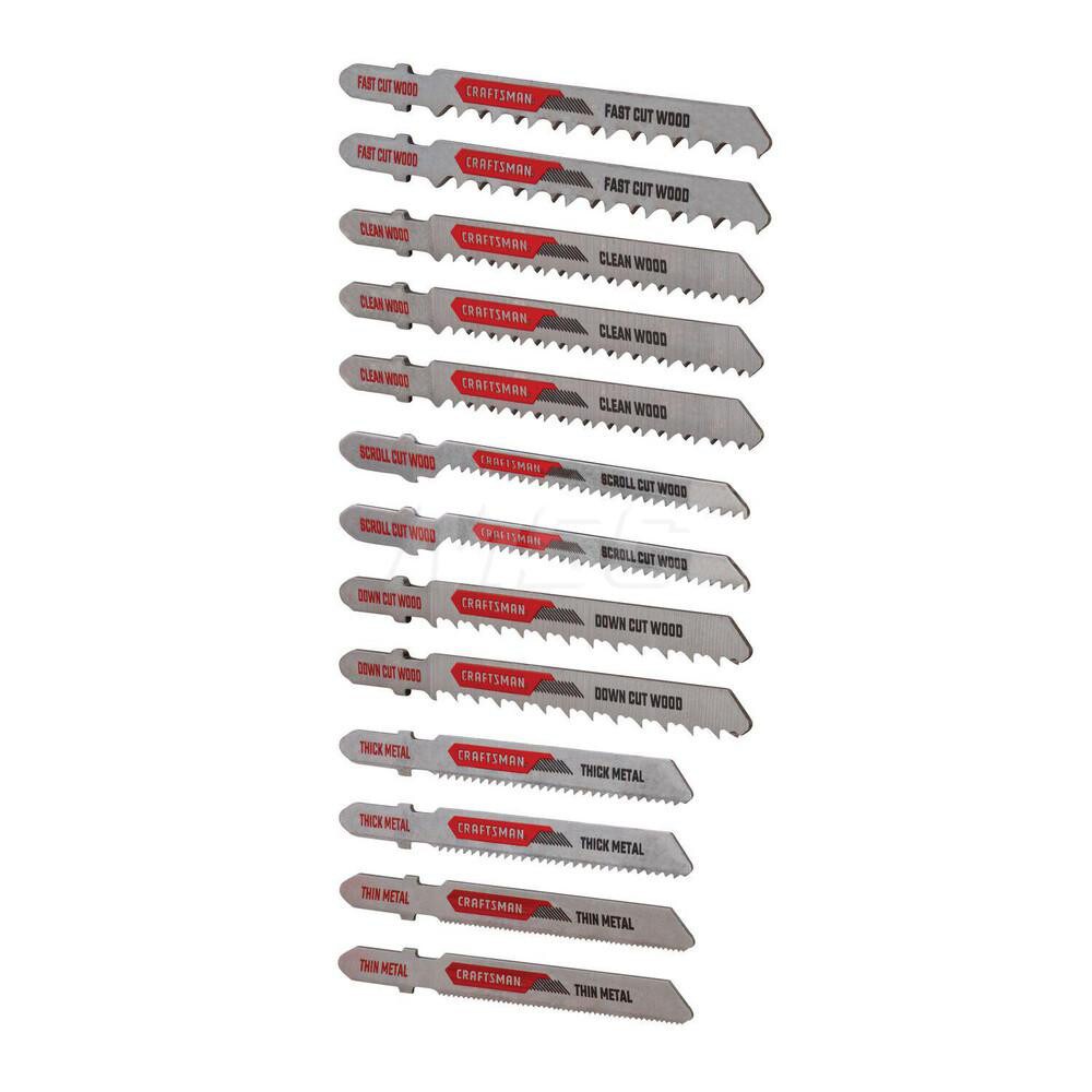 Jig Saw Blade Sets; Blade Material: High Carbon Steel ; Minimum Blade Length (Inch): 3-5/8 ; Maximum Blade Length (Inch): 4 ; Minimum Blade Thickness (Decimal Inch): 0.03 ; Maximum Blade Thickness (Decimal Inch): 0.05 ; Shank Type: T-Shank