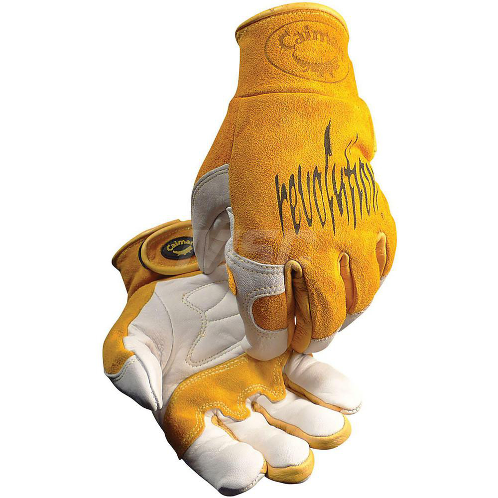 Welding Gloves: Caiman 1828, Size Medium, Uncoated-Coated, Grain Cowhide Leather & Split Cowhide Leather, Pair - Gold & Tan, Uncoated Coverage, Smooth Grip