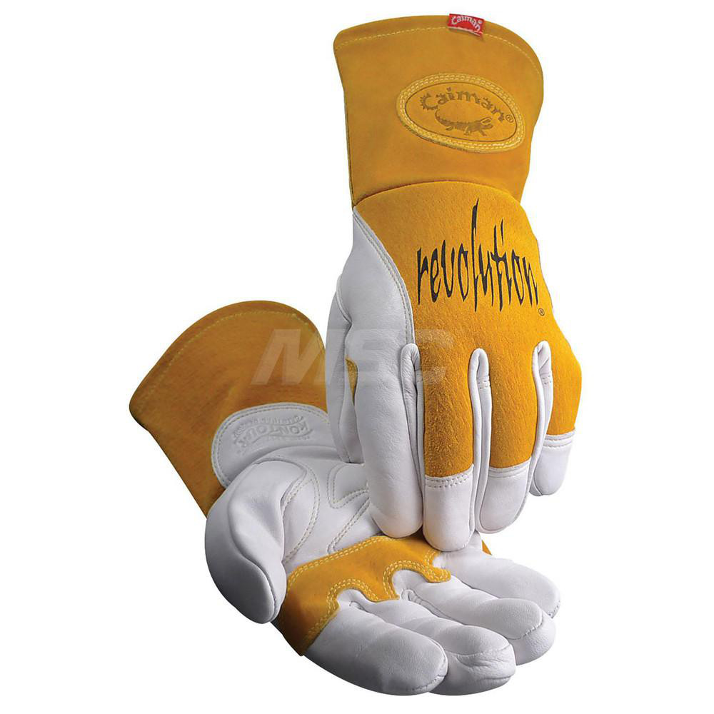 Welding Gloves: Caiman 1810, Size X-Large, Uncoated-Coated, Grain Cowhide Leather & Split Cowhide Leather, Pair - Gold & Tan, Uncoated Coverage, Smooth Grip