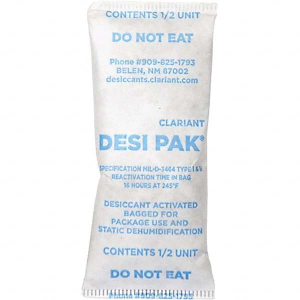Desiccant Packets; Material: Clay ; Packet Size: 1/2 oz ; Container Type: Pail ; Area Protected: 0.42ft3 ; Number of Packs per Container: 550 ; UNSPSC Code: 41123003