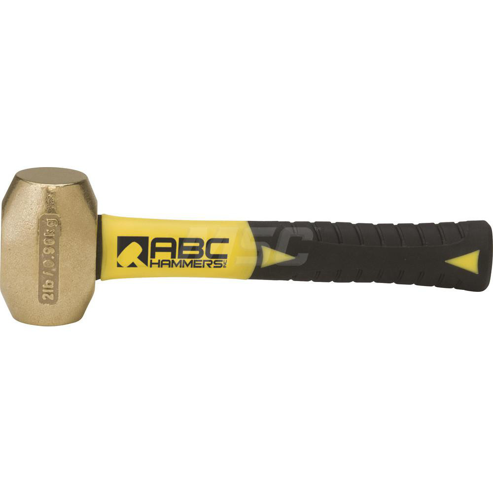 2 lb Brass Drilling Hammer, Non-Sparking, Non-Marring 1-1/2" Face Dia, 3" Head Length, 9-1/2" OAL, 8" Fiberglass Handle, Double Faced - 1-1/2" Face Dia, 3" Head Length, 9-1/2" OAL, 8" Fiberglass Handle