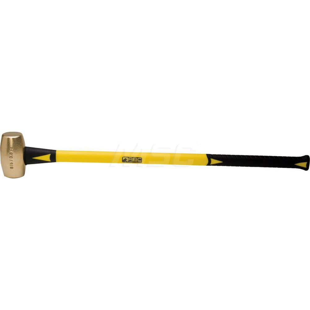8 lb Brass Sledge Hammer, Non-Sparking, Non-Marring, 2-3/8" Face Diam, 5" Head Length, 36" OAL, 33" Fiberglass Handle, Double Faced
