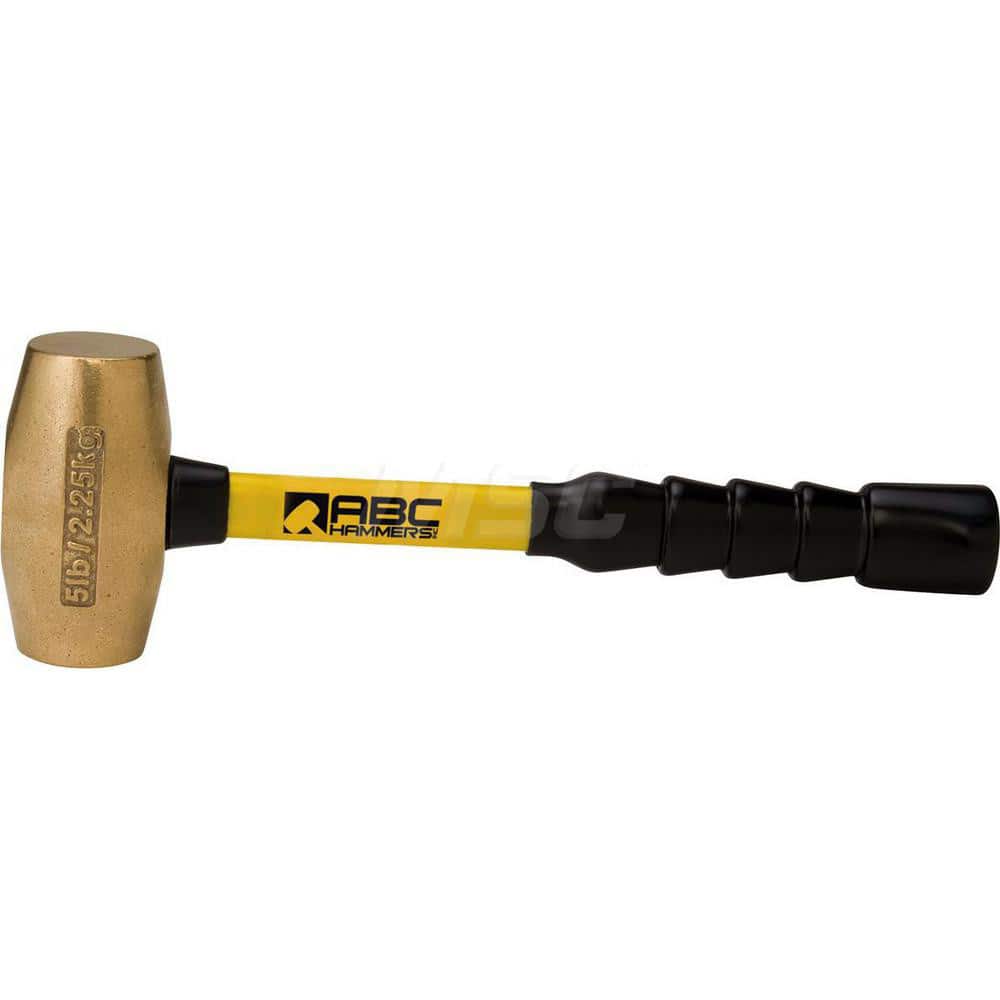 ABC Hammers ABC5BFB 5 lb Brass Striking Hammer, Non-Sparking, Non-Marring 1-7/8 Face Diam, 4-3/4 Head Length, 14 OAL, 12 Fiberglass Handle, Double Faced 