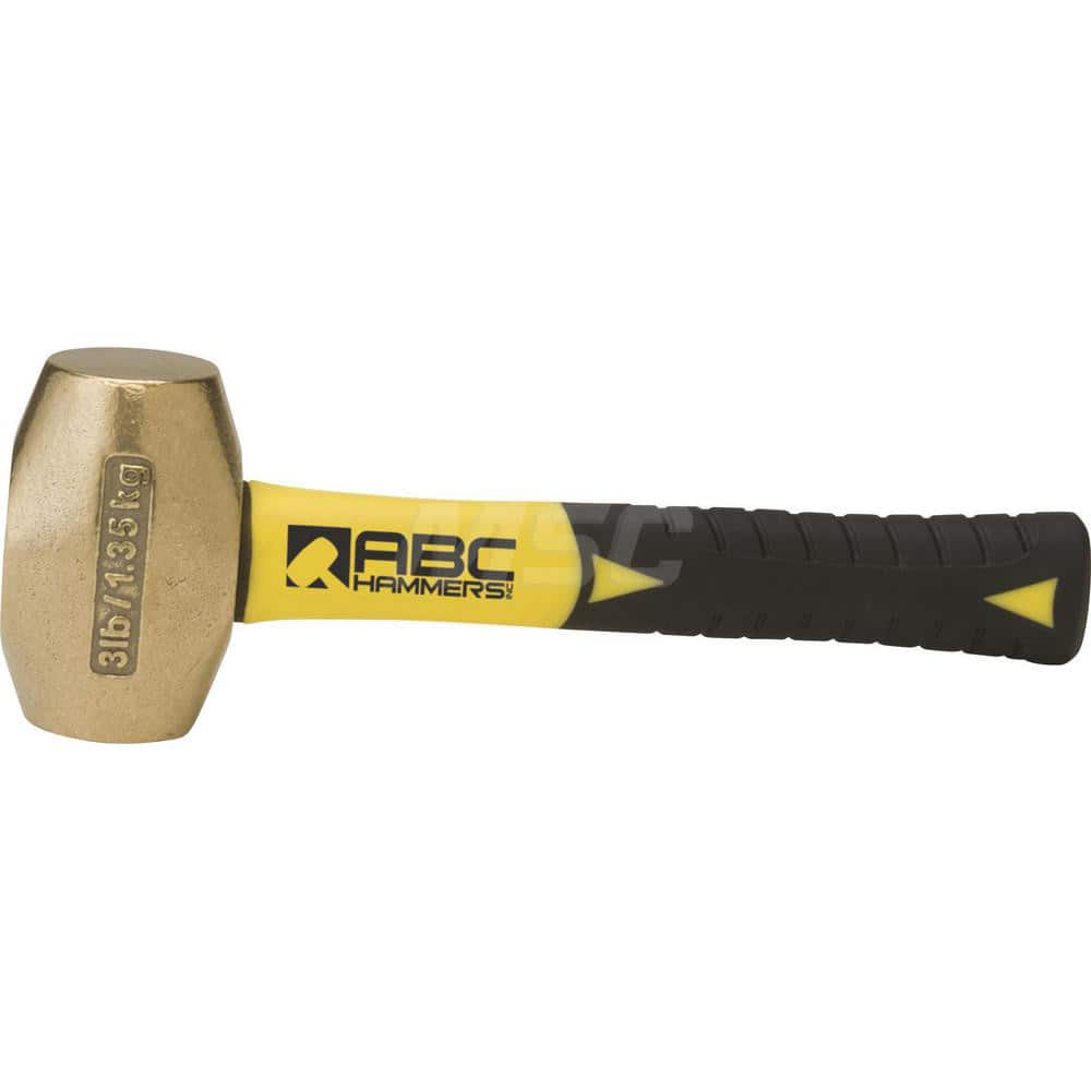 ABC Hammers ABC3BFS 3 lb Brass Drilling Hammer, Non-Sparking, Non-Marring 1-5/8 Face Diam, 3-1/2 Head Length, 10 OAL, 8 Fiberglass Handle, Double Faced 