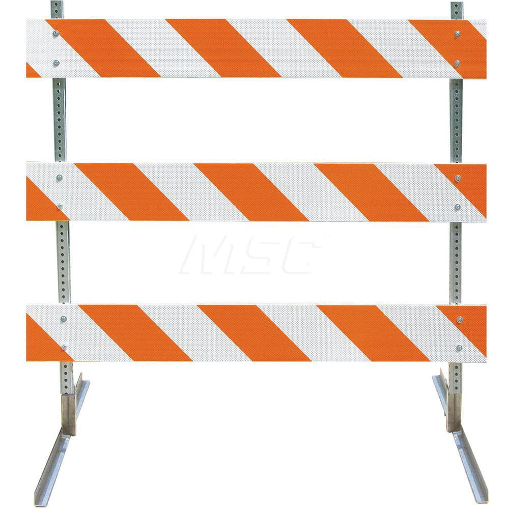 Traffic Barricades; Barricade Height (Inch): 63 ; Material: Galvanized High Carbon Steel Upright; Galvanized Steel Feet; Plastic Board ; Barricade Width (Inch): 96 ; Reflective: Yes ; Compliance: NCHRP-350; MUTCD ; Weight (Lb.): 16.0000