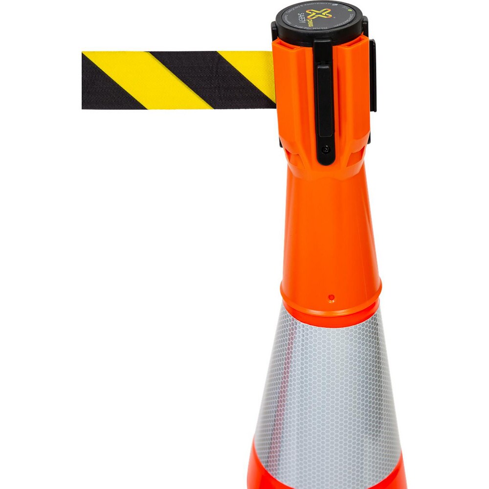 Cone-Mounted Retractable Belt Barrier, Orange casing, 11 Ft. Yellow / Black Belt 