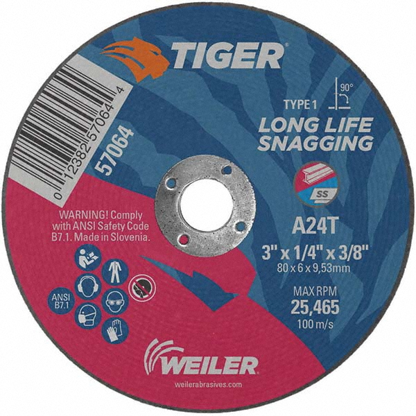 Weiler CutOff Wheel Type 1, 3" Dia, 1/4" Thick, 3/8" Hole, Aluminum Oxide MSC Industrial