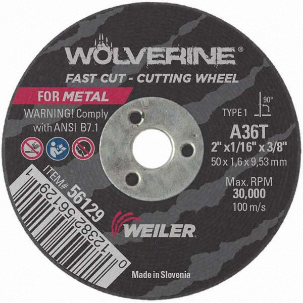 Weiler 2 x 1/16, 3/8" Hole 36 Grit Aluminum Oxide Cutoff Wheel
