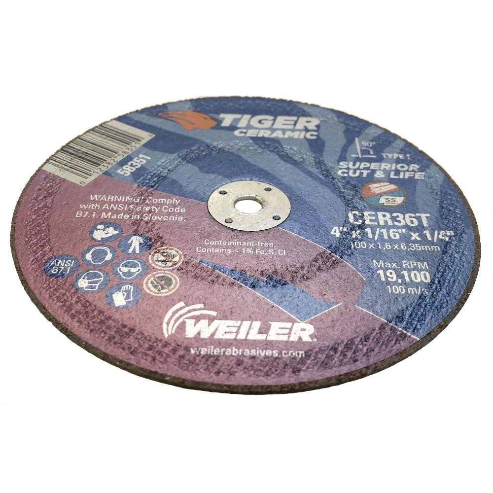 Weiler CutOff Wheel Type 1, 4" Dia, 1/16" Thick, 1/4" Hole, Ceramic Alumina MSC Industrial