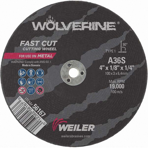 Weiler 4 x 1/8, 1/4" Hole 36 Grit Aluminum Oxide Cutoff Wheel