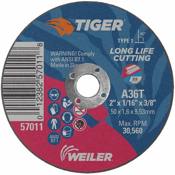 Cutoff Wheel: Type 1 (01/41), 2" Dia, 1/16" Thick, 3/8" Hole, Aluminum Oxide - 36 Grit, 30000 Max RPM, Reinforced