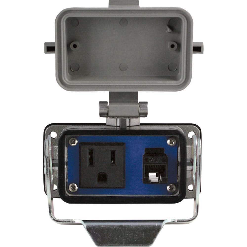 Data Port Receptacles; Receptacle Configuration: Ethernet ; Number of Ports: 1 ; Number of Power Receptacles: 1 ; Number of Switches: 0 ; Mounting Type: Base Mount ; Color: Gray