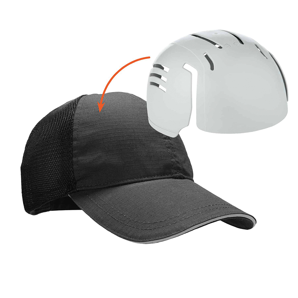 Adjustable Hook & Loop Strap Vented Baseball Cap with Bump Cap Insert - Cotton/Polyester, Black