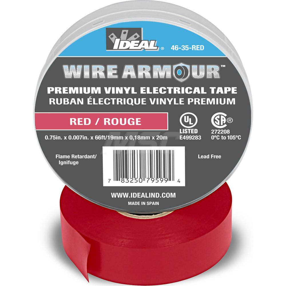 Vinyl Film Electrical Tape: 3/4" Wide, 66' Long, 7 mil Thick, Red