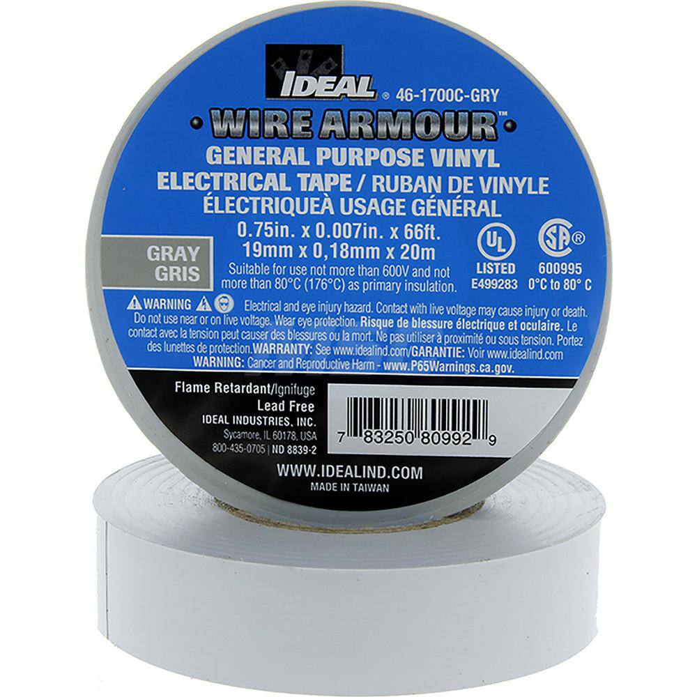 Vinyl Film Electrical Tape: 3/4" Wide, 66' Long, 7 mil Thick, Gray