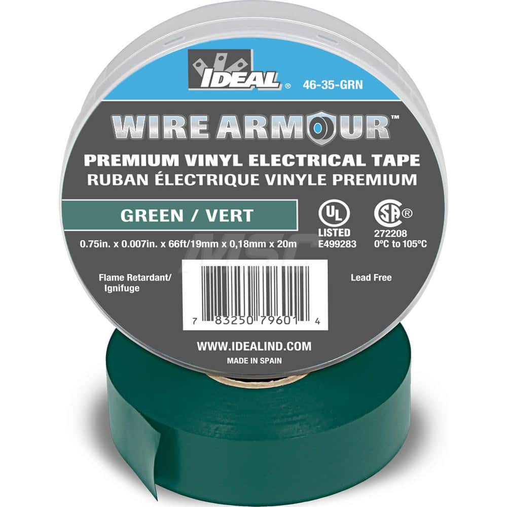 Vinyl Film Electrical Tape: 3/4" Wide, 66' Long, 7 mil Thick, Green
