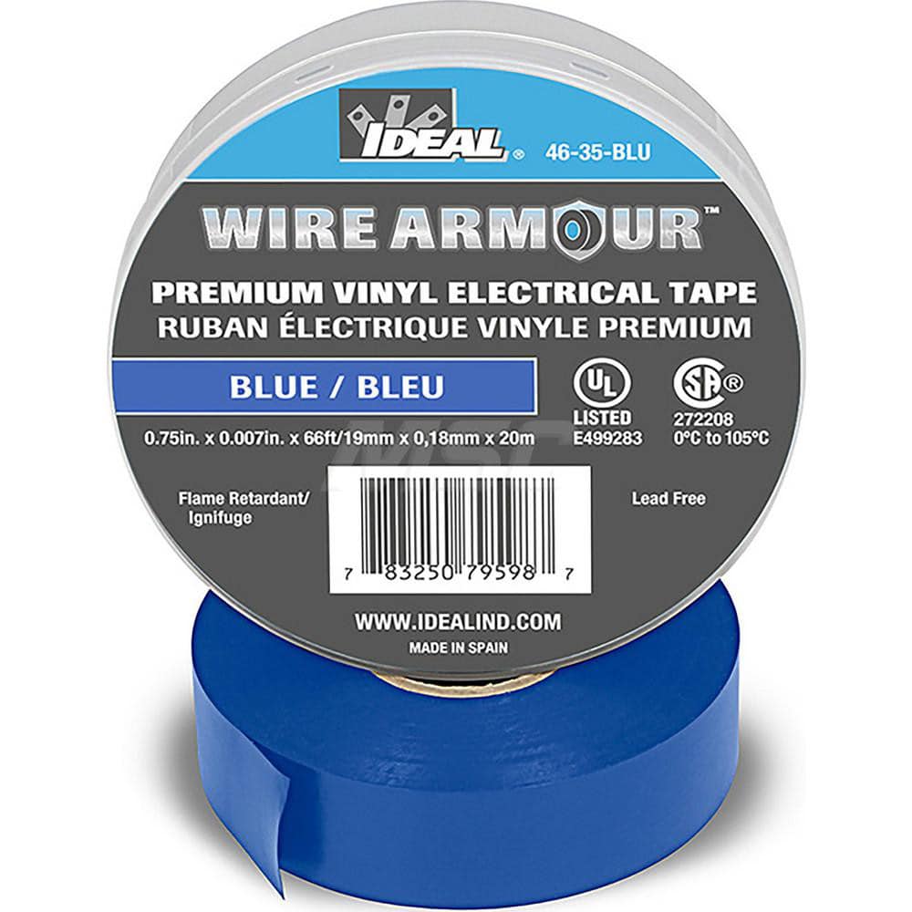 Vinyl Film Electrical Tape: 3/4" Wide, 66' Long, 7 mil Thick, Blue