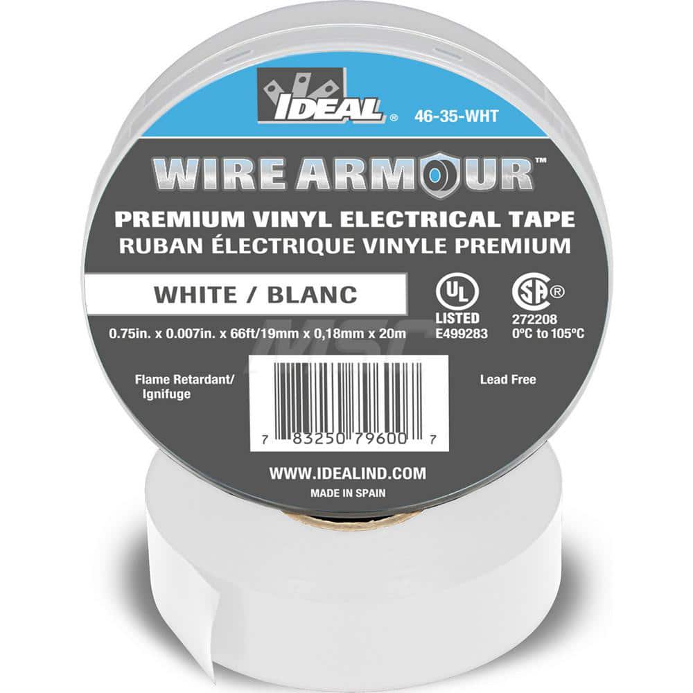 Vinyl Film Electrical Tape: 3/4" Wide, 66' Long, 7 mil Thick, White