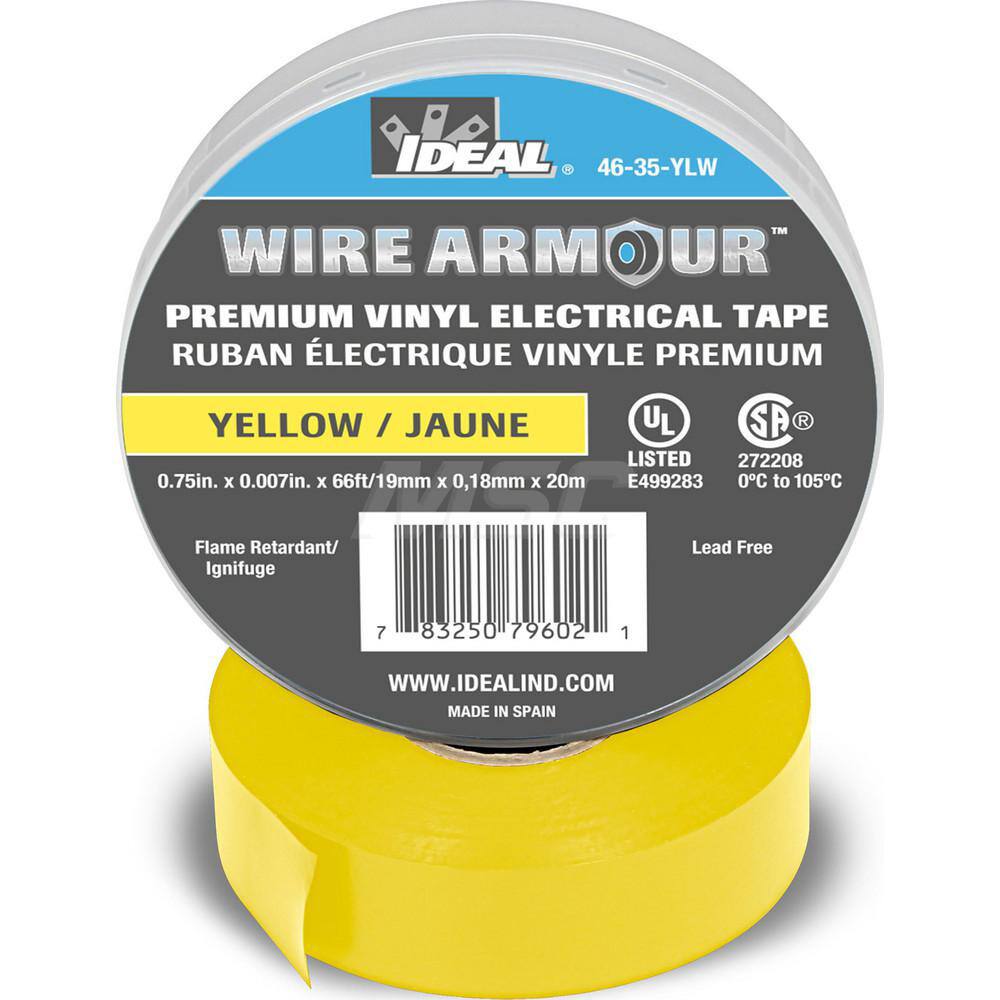 Vinyl Film Electrical Tape: 3/4" Wide, 66' Long, 7 mil Thick, Yellow