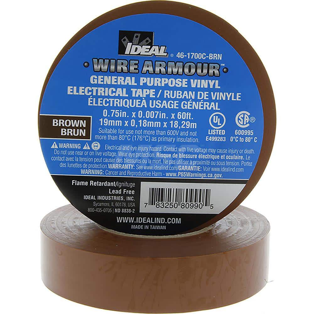 Vinyl Film Electrical Tape: 3/4" Wide, 66' Long, 7 mil Thick, Brown