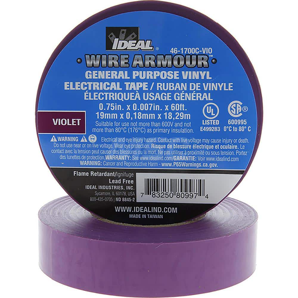 Vinyl Film Electrical Tape: 3/4" Wide, 66' Long, 7 mil Thick, Violet