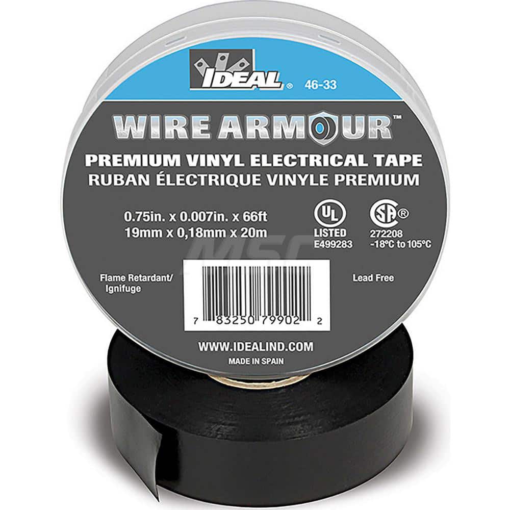 Vinyl Film Electrical Tape: 3/4" Wide, 66' Long, 7 mil Thick, Black