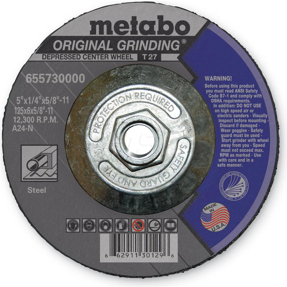 Depressed Grinding Wheel:  Type 27,  5" Dia,  1/4" Thick,  Aluminum Oxide