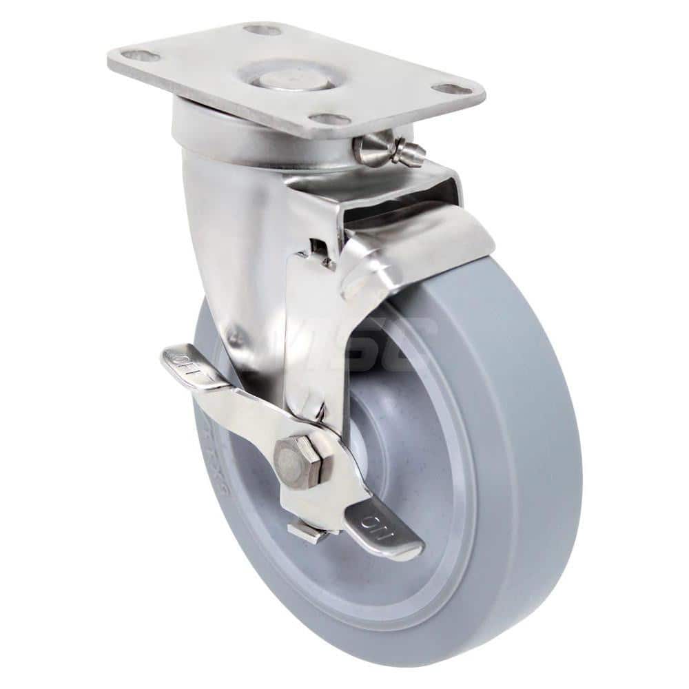 Top Plate Caster: Thermo Rubber, 5" Wheel Dia, 1-1/4" Wheel Width, 325 lb Capacity, 6-3/16" OAH