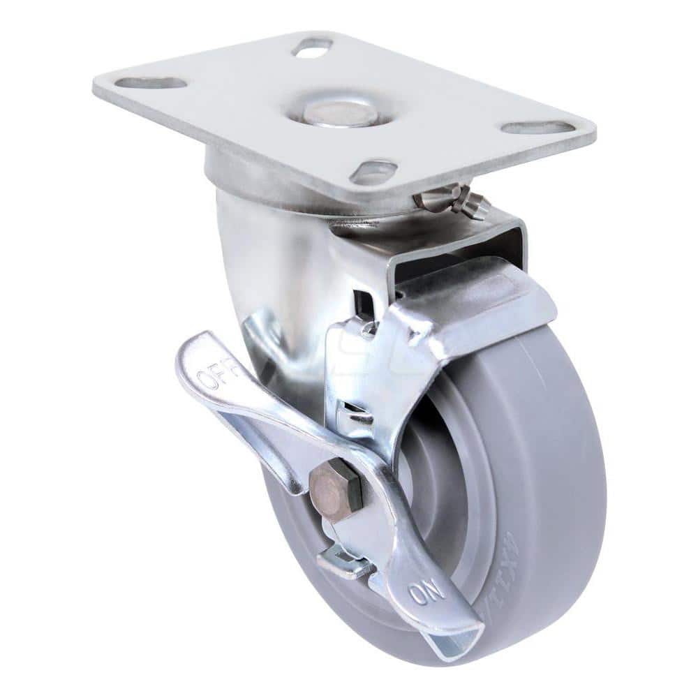 Top Plate Caster: Thermo Rubber, 4" Wheel Dia, 1-1/4" Wheel Width, 300 lb Capacity, 5-1/8" OAH