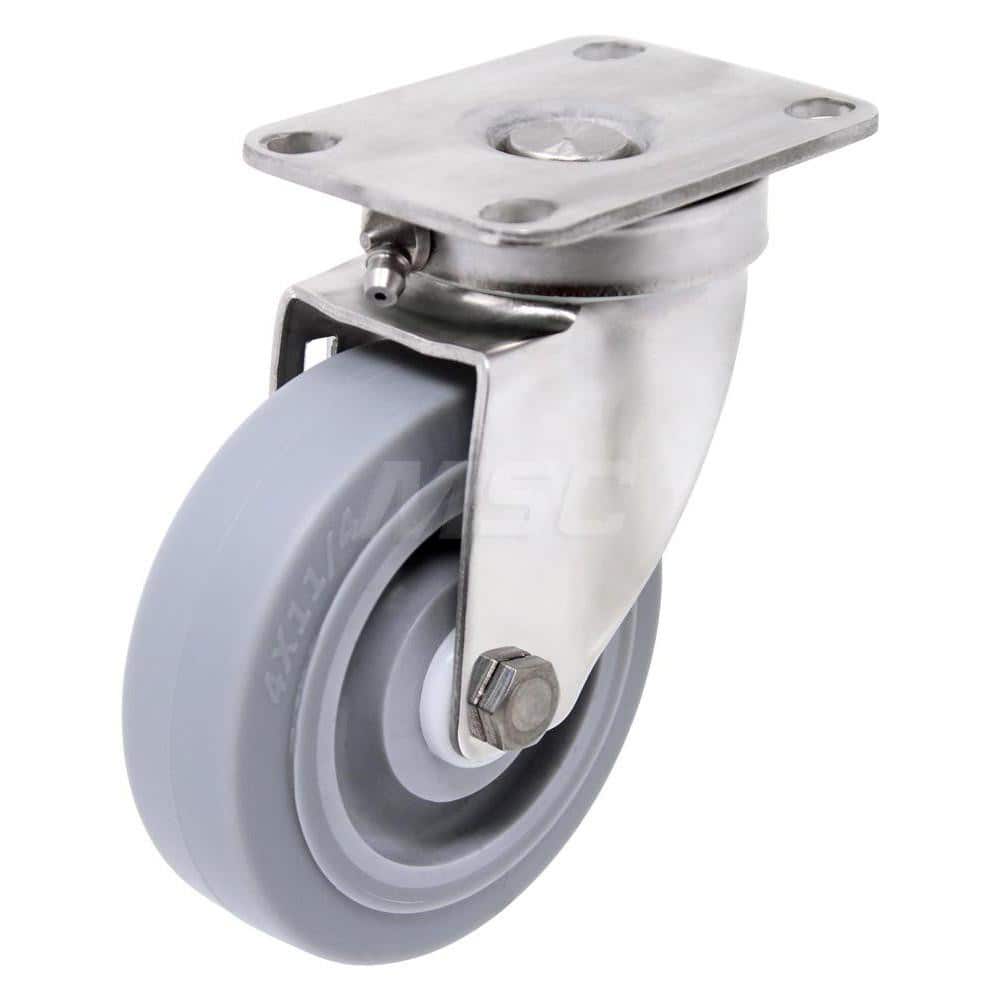 Top Plate Caster: Thermo Rubber, 4" Wheel Dia, 1-1/4" Wheel Width, 300 lb Capacity, 5-1/8" OAH
