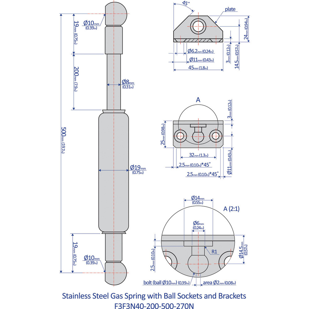 Bansbach, EasyLift Hydraulic Dampers & Gas Springs; Fitting Type None ; Material Stainless