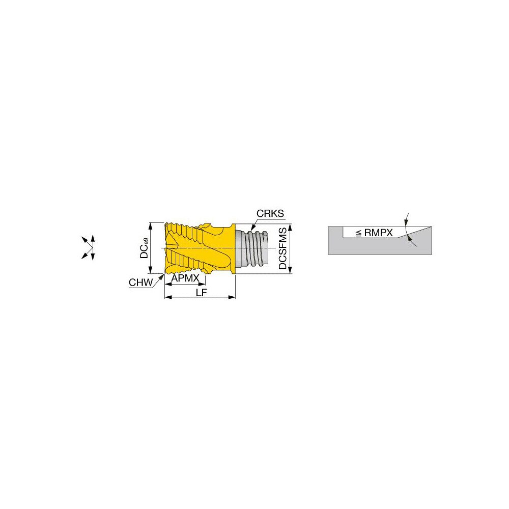 Corner Chamfer End Mill Head: 1" Dia, 45 °, 0.02" Width, 6 Flute
