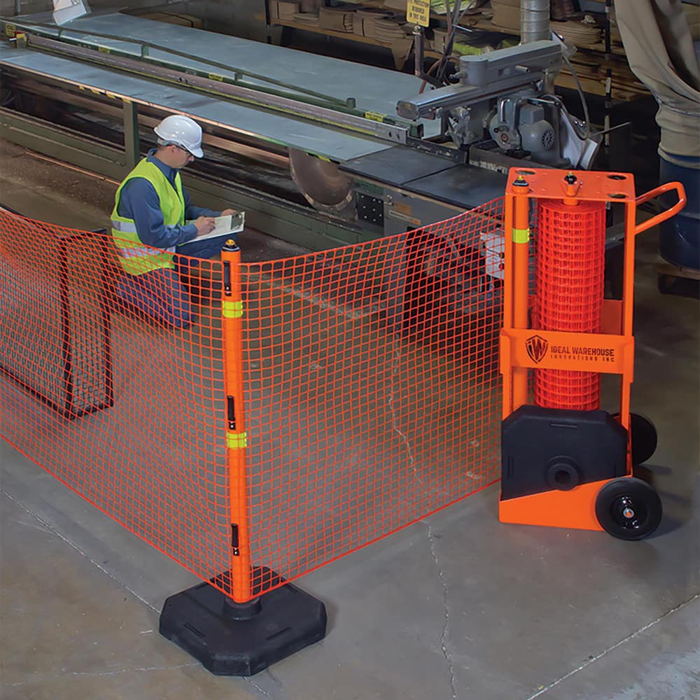Railing Barriers; Type: Portable Barrier Systems ; Barrier Type: Barricade ; Mount Type: Portable ; Color: Orange ; Includes: 100 (30 m) safety orange fencing, 4 posts, 4 rubber base pads and 4 magnetic fence clips. ; Height (Inch): 54