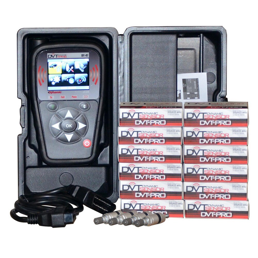 Tire Accessories; Accessory Type: TPMS Sensor Kit ; Features: (12) DVT-PRO Single Sensors, (4) 6-225 aluminum valve replacements, (1) DY-47 Tool with case, built-in OBDII II, cables and 5 yrear free software updates. 1-year warranty