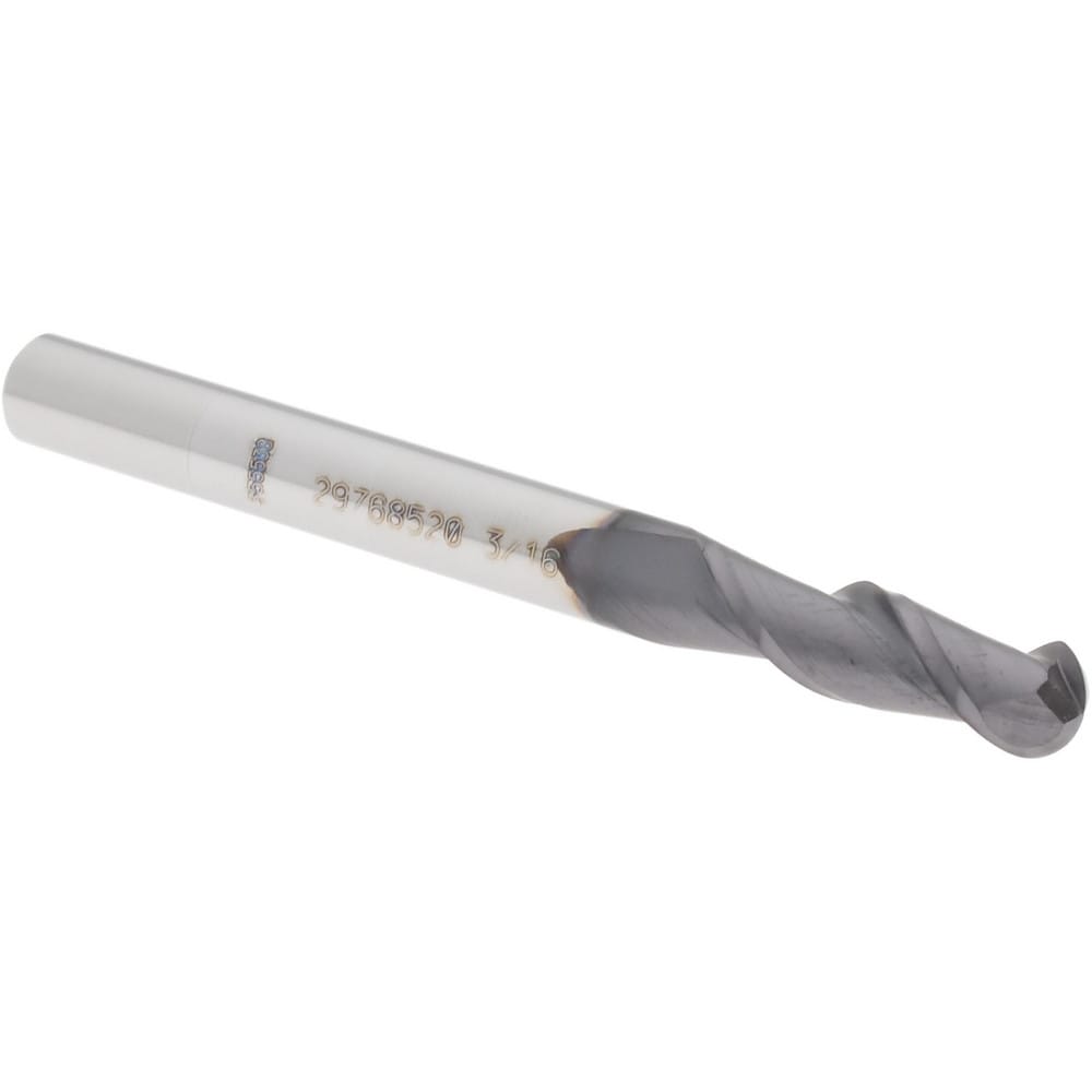 Ball End Mill: 0.188" Dia, 0.375" LOC, 2 Flute, Solid Carbide