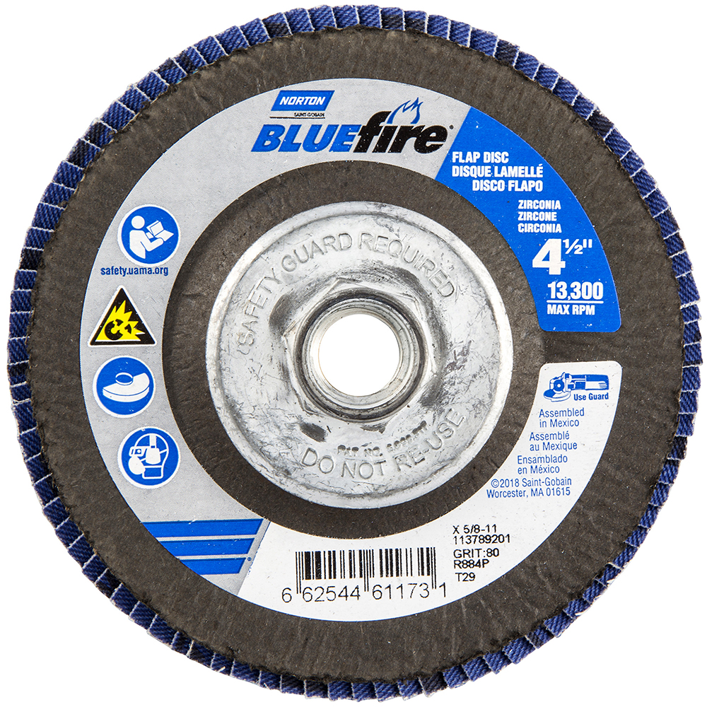Flap Disc:  4-1/2" Dia, Zirconia Alumina, Type 29 - Coated, Medium Grade, Cotton-Backed, 13300 Max RPM