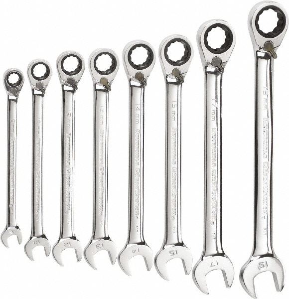Combination Wrench Set: 8 Pc, 8 to 19 mm Wrench, Metric - 15 deg Head Offset Angle, Chrome Finish, Ratcheting